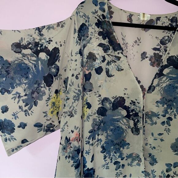 Sonoma 2X Sheer Cardigan Gray w Blue Floral Chiffon Longline Swim Kimono - Picture 2 of 9